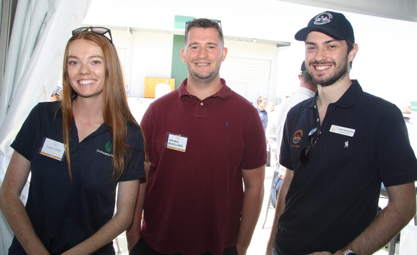 SwarmFarm Robotics support team member Jonathon Brownlow-Gay (right) with Taylor Childs and Steven Bintcliffe from Viridis Ag’s Oodnadatta Farms, Moree.